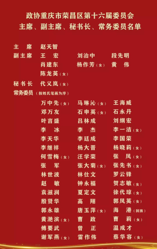 政协重庆市荣昌区第十六届委员会主席、副主席、 秘书长、常务委员名单 （2022 年1 月11 日在政协重庆市荣昌区第十六届委员会第一次会议上选举产生）